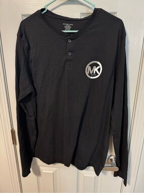 Michael Kors Black Long-Sleeve Henley with Silver MK Logo